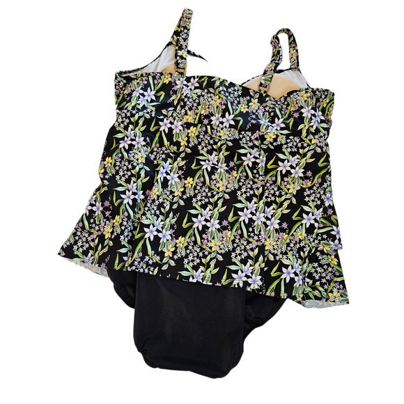 Swim Solutions Black Floral Prairie Flyaway Tummy-Control Swim Dress Plus 16W - Picture 3 of 12